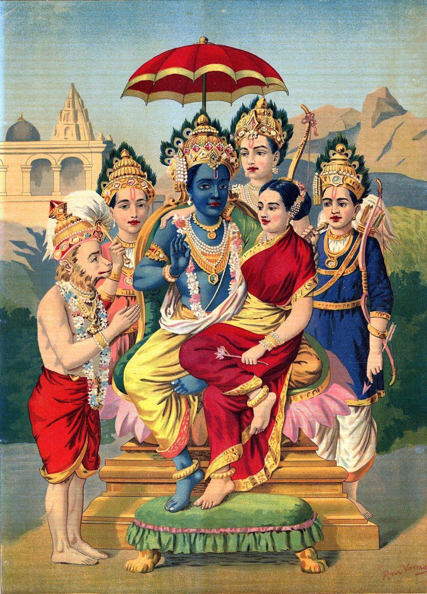 Rama with his wife Sita, devotee Hanuman and three brothers, Lithograph by Raja Ravi Varma